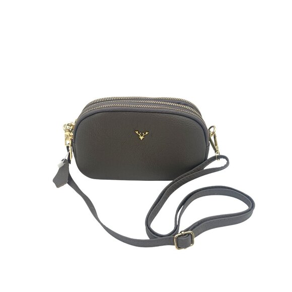 Handbags - Brown Faux Leather Crossbody Bag With Gold Double Zippers & Antler Logo